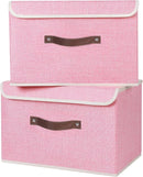 ANMINY 4PCS Storage Bins with Lid PU Leather Handles Storage Boxes PP Plastic Board Decorative Foldable Lidded Cotton Linen Fabric Home Cubes Baskets Closet Organizer Containers - Pink, Large Size by TinyTreasures Baby Boutique
