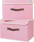 ANMINY 2PCS Storage Bins with Lid PU Leather Handles Storage Boxes PP Plastic Board Decorative Foldable Lidded Cotton Linen Fabric Home Cubes Baskets Closet Organizer Containers - Pink, Large Size by TinyTreasures Baby Boutique
