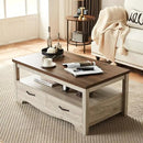 LINSY HOME Farmhouse Coffee Table with Storage, Wood Coffee Table for Living Room, Open Display Area and Storage Drawers with Metal Handles, Chic Style with Curved Base. Oak and Brown by CozyNest Decor