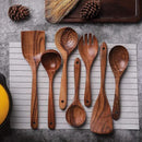 Wooden Non-Stick Kitchen Pan Toolset 7 Pieces Set,100% Natural Teak Kitchen Utensils Spatula, Wooden Cooking Utensils Spoons, Fried Spatula and Salad Fork by CozyNest Decor