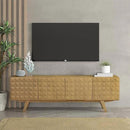 NTC Sapa Mid-Century Modern Solid Wood TV Stand 4-Door Media Console with Carved Geometric Fronts for TVs up to 75", Effortless Assembly, Sand by CozyNest Decor