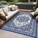 GAOMON Patio Rugs Outdoor 8x10 Waterproof Reversible Plastic Straw Rug, Large UV-Resistant Portable RV Camping Mats, Indoor Outdoor Medallion Carpet for Deck Porch Garden, Dark Blue & White by CozyNest Decor