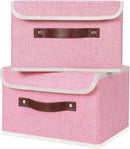 ANMINY 4PCS Storage Bins with Lid PU Leather Handles Storage Boxes PP Plastic Board Decorative Foldable Lidded Cotton Linen Fabric Home Cubes Baskets Closet Organizer Containers - Pink, Small Size by TinyTreasures Baby Boutique