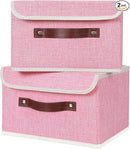 ANMINY 2PCS Storage Bins with Lid PU Leather Handles Storage Boxes PP Plastic Board Decorative Foldable Lidded Cotton Linen Fabric Home Cubes Baskets Closet Organizer Containers - Pink, Small Size by TinyTreasures Baby Boutique