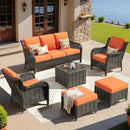 ovios 6 Pieces Patio Furniture Set, Outdoor Wicker Sofas with Glass Coffee Table and Comfy Cushions, All Weather High Back Couch Set for Deck Porch, Brown Rattan, Orange Red by GreenHaven Gardens