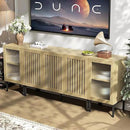 Farmhouse TV Stand for TVs up to 85 Inch, Entertainment Center TV Console with Storage Cabinets and Glass Doors, Media Console for Living Room,Oak by CozyNest Decor