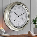CLXEAST 18 Inch Illuminated Outdoor Indoor Atomic Analog Wall Clock with Temperature & Humidity Combo, Lighted Outdoor Clocks for Patio Large Waterproof with Thermometer, Modern Morning Silver/Gold by CozyNest Decor