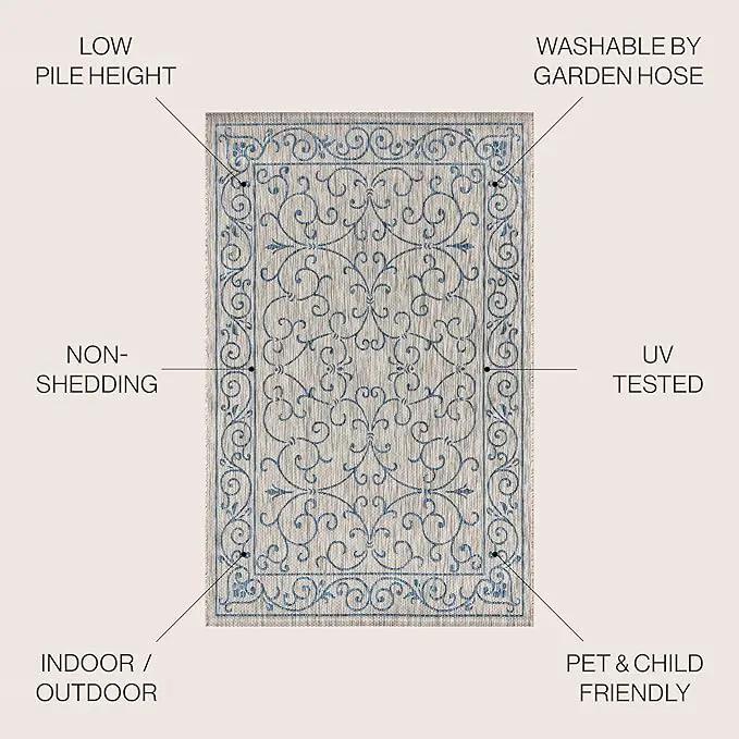 JONATHAN Y SMB106C-9 Charleston Vintage Filigree Textured Weave Indoor Outdoor Area Rug Classic Coastal Easy Cleaning Bedroom Kitchen Backyard Patio Non Shedding, 9 X 12, Gray/Navy, photo 6 of 12