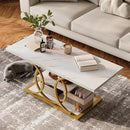 GiftGo Rustic Coffee Table with Storage Modern 3 Tier Center Living Room Table Faux Marble Wooden Rectangle Cocktail Tea Table for Office Bedroom Elegant Full Moon Design (White Gold, L-47) by CozyNest Decor