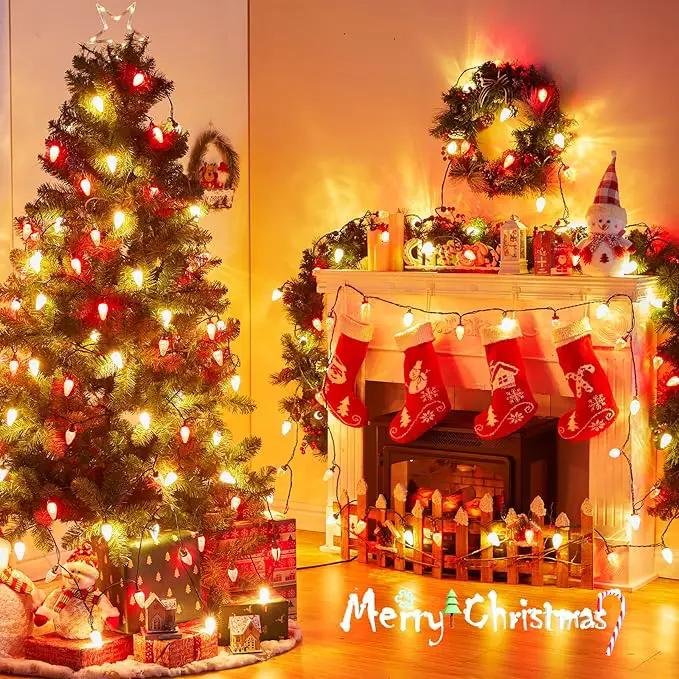 Brightown C9 LED Christmas String Lights, 66ft 100 LED Waterproof Strawberry String Lights, Plug-in Extendable Green Wire Lights String for Outdoor Outside Patio Party Decoration, Red and Warm White, photo 7 of 8