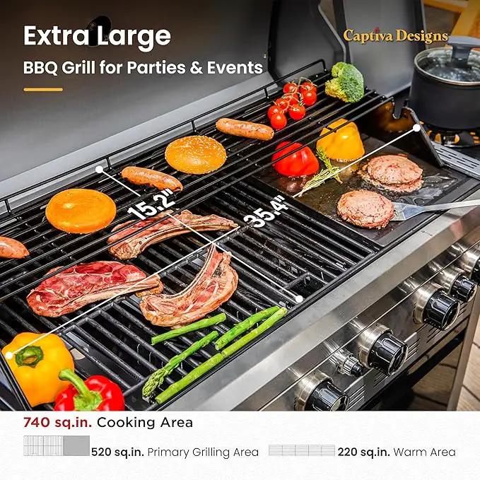 Captiva Designs 6-Burner Propane Gas BBQ Grill with Side Burner & Porcelain-Enameled Cast Iron Grate and Plate for Outdoor Barbucue Events, 52,000 BTU Output,740 SQ.IN. Cooking Area，Heavy Duty, photo 3 of 9