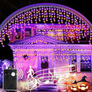 Halloween Icicle Lights with Spook Music Motion Sensing Function - 340LED 29Ft Purple Orange Curtain String Lights - Plug in Lighting for Outdoor Garden Window House Bedroom Halloween Decorations by GreenHaven Gardens