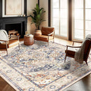 Washable Area Rug 10'x14' Blue Khaki Retro Flowers Boho Design Non-Shedding Easy Care Ideal for High Traffic Areas in Living Room Bedroom Office Coffee Table Kitchen Large Carpet by TinyTreasures Baby Boutique