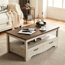 LINSY HOME Farmhouse Coffee Table with Storage, Wood Coffee Table for Living Room, Open Display Area and Storage Drawers with Metal Handles, Chic Style with Curved Base. Oak and Brown by CozyNest Decor