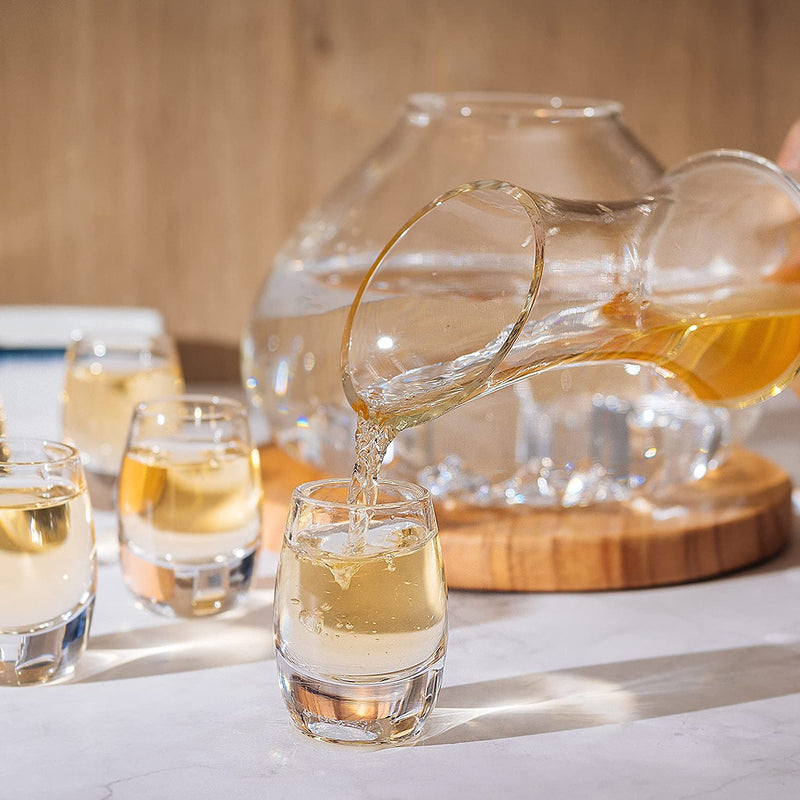 Sake Set Glasses Japanese, 15 Ounce, With 6-1oz Crystal Saki Cups Set, for Warmer or Cold Japanese Wine Drinking with a Wooden Stone Coaster by The Wine Savant, Cups & Carafe Japanese Gifts Set