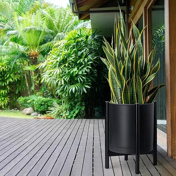 D'vine Dev Planter Pot with Stand - 16 Inch Plastic Cylinder Flower Pot with Wood Planter Holder for Indoor, Matte Black Pot + Ebony Stand, 55-C-Z-2, photo 4 of 7