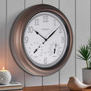 CLXEAST 18 Inch Illuminated Outdoor Indoor Atomic Analog Wall Clock with Temperature & Humidity, Lighted Outdoor Clocks for Patio Large Waterproof with Thermometer,Bronze Finish,House Warming Gifts by CozyNest Decor
