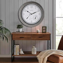 CLXEAST 18 Inch Farmhouse Illuminated Outdoor Atomic Wall Clock with Thermometer & Hygrometer Combo, Night Lighted Wall Clock with Smart Sensor, Weather Stations,Brushed Grey Oak Finish by CozyNest Decor