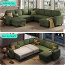 LINSY HOME Sectional Sleeper Sofa with Pull Out Couch Bed - Convertible Plush Corduroy Cloud Couch with Storage Chaise & USB Charging, Comfy Modular Couches for Living Room, Green by CozyNest Decor