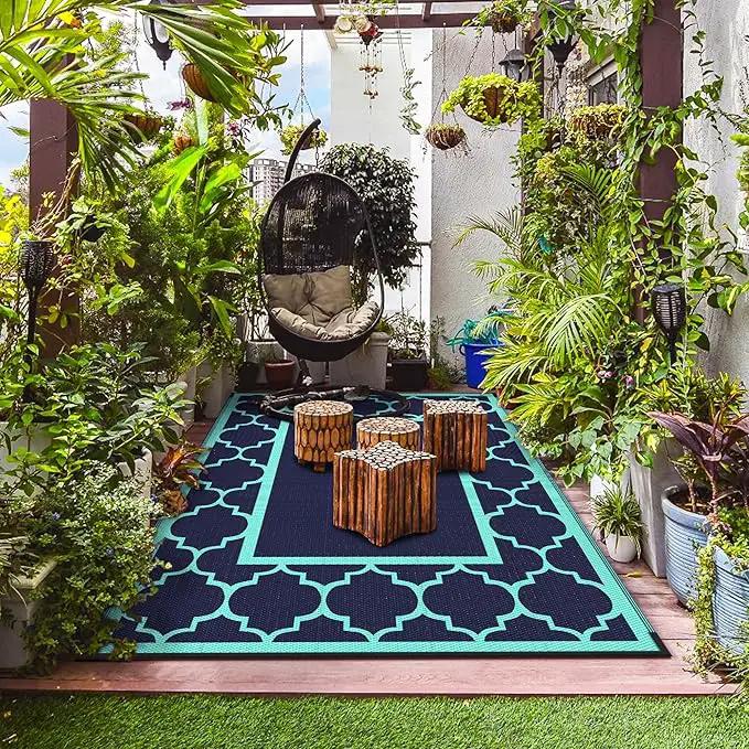 GENIMO 5 ' x 8 ' Outdoor Rug for Patio, Waterproof Indoor Outdoor Plastic Straw Rugs Carpet, Reversible Outside Area Mat for Camping, Balcony Porch, Deck, Picnic, Beach Navy Blue & Jade Green, photo 3 of 7