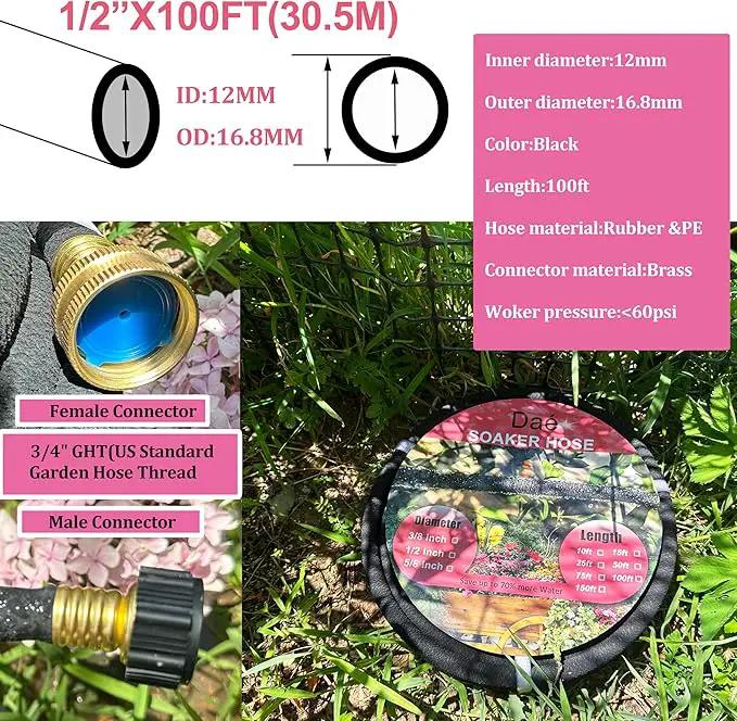 Rubber Soaker Hose, 1/2 inch, 100ft Garden Hose for Irrigation,Water-Saving up to 70%, Brass Connector Leak-Proof, Heavy-duty Hose, Watering for Trees,Lawns, Vegetables and Flowers., photo 2 of 8