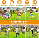 Swing Set for Backyard - 6 in 1 Multifunction Kids Swing Set Heavy Duty 550 lbs Outdoor Extra Large Metal Swing Frame with 3 Adjustable Swings Climbing Net Ladder Basketball Hoop by TinyTreasures Baby Boutique