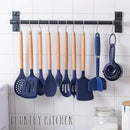 Country Kitchen Non Stick Silicone Utensil Set with Rounded Wood Handles for Cooking and Baking, 38 Piece Set, Navy by CozyNest Decor