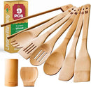 Riveira Bamboo Wooden Spoons for Cooking 9-Piece with Holder, Apartment Essentials Wood Spatula Spoon Nonstick Kitchen Utensil Set Premium Quality Housewarming Gifts for Everyday Use by CozyNest Decor