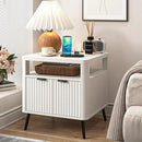 Nightstand with Charging Station, 24" End Table Side Table with Open Shelf, Modern Large Wood Fluted Bedside Cabinet for Bedroom, Living Room, White by CozyNest Decor