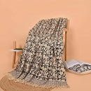 Handmade Cotton Throw Blanket, Floral Block Print, Black and Beige Wrap, 47x71 inches Decorative Woven Throw with Tassels by CozyNest Decor
