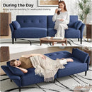 89” Futon Sofa Bed, Linen Comfy Futon Couch Bed with 2 Square Pillows, Convertible Sleeper Sofa with Adjustable Backrest& Armrests, Modern Loveseat Sleeper for Living Room, Bedroom, Blue by CozyNest Decor