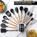 Country Kitchen Non Stick Silicone Utensil Set with Rounded Wood Handles for Cooking and Baking, 14 Piece Set, Black by CozyNest Decor