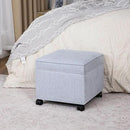 Adeco 17.5" Square Fabric Ottoman with Storage, Upholstered Cotton Linen Foot Rest, Flip Top Footstool, Small Cube Coffee Table Extra Seat for Living Room, Bedroom, Ice Blue with Rolling Legs by CozyNest Decor