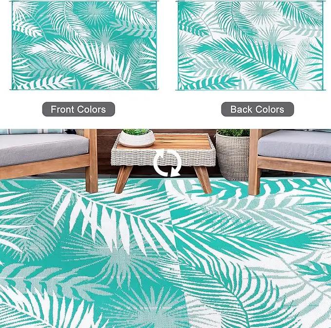 Outdoor Rug 8'x10' Waterproof for Patios Clearance, Reversible Outdoor Plastic Straw Rug Camping Carpet, Outside Floor Mats Large Area Rugs for RV,Patio,Deck,Porch, Beach,Balcony,Teal&White, photo 9 of 9