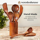 8 Pcs Teak Wooden Utensil Set with Holder, Spoon Rest & 6 Hooks - Durable Wooden Spoons for Cooking with Comfort Grip - Effortless Clean, Non-Stick Friendly by CozyNest Decor