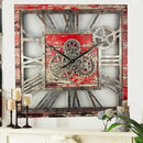 The Gears Clock 24'' Inch Square Real Moving Gear Wall Clock Vintage Industrial Oversized Rustic Farmhouse (Red Lava) by CozyNest Decor