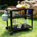 Black Outdoor Grill Cart with Wheels, Heavy-Duty 3-Tier BBQ Prep Table for Pizza Oven, Griddle, Patio – Rustproof Commercial Kitchen Cart with Tool Hooks by CozyNest Decor