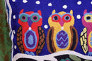 Lumbar Four Owls Decorative Pillow Cover Blue Whimsical Hand Embroidered Wool 14x20 by CozyNest Decor