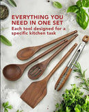 Elegant 5-Piece Walnut Wood Kitchen Utensil Set – Non-Scratch, Heat-Resistant Cooking Utensil Set with Kitchen Tongs, Spoons, Spatula & Ladle – Lightweight, Durable & Perfect for Daily Use or Gifting by CozyNest Decor