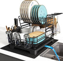 BOOSINY 2 Tier Black Large Stainless Steel Dish Drainers Drying Rack for Kitchen Counter with Drainboard, Rust Proof Metal, Space Saving, Modern Aesthetic, Compact Plates Strainers with Extra Mat by CozyNest Decor