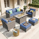 ovios 6 Pieces Patio Furniture Set with 42" Fire Pit Table, Outdoor Wicker Sofa with Comfy Cushions, All Weather High Back Rattan Couch Conversation Set, Denim Blue by GreenHaven Gardens