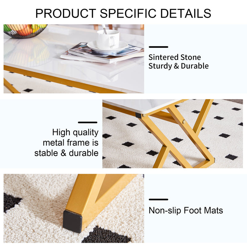 A modern minimalist style white marble patterned coffee table with golden metal legs. Computer desk. Game table. Tea table. CT-XX