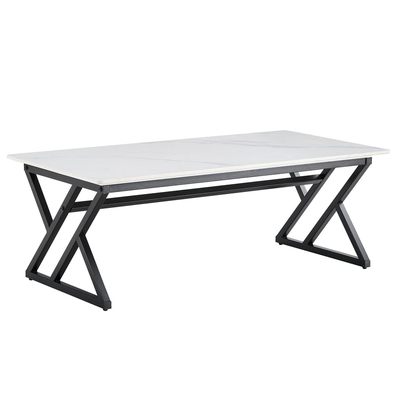 A modern minimalist style white marble patterned coffee table with black metal legs. Computer desk. Game table. Tea table. CT-XX