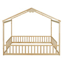 Double Twin House-Style Floor Bed with Fence, Guardrails, without door, Natural(Old Sku:W504P143318)