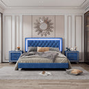 3-Pieces Bedroom Sets,Queen Size Upholstered Platform Bed with LED Lights and Two Nightstands-Blue
