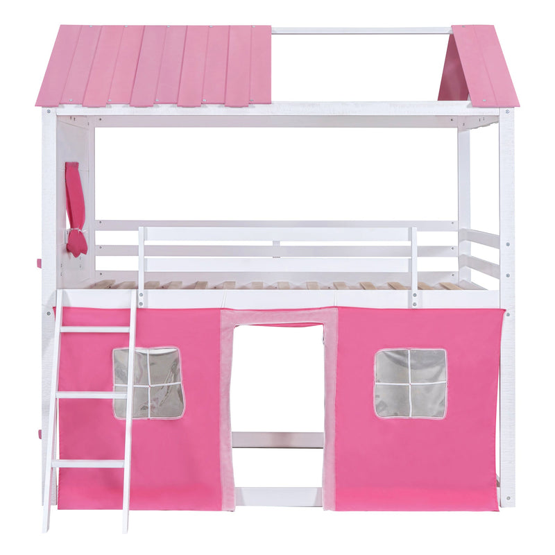 Full Size Bunk Wood House Bed with Elegant Windows, Sills and Tent, Pink+White