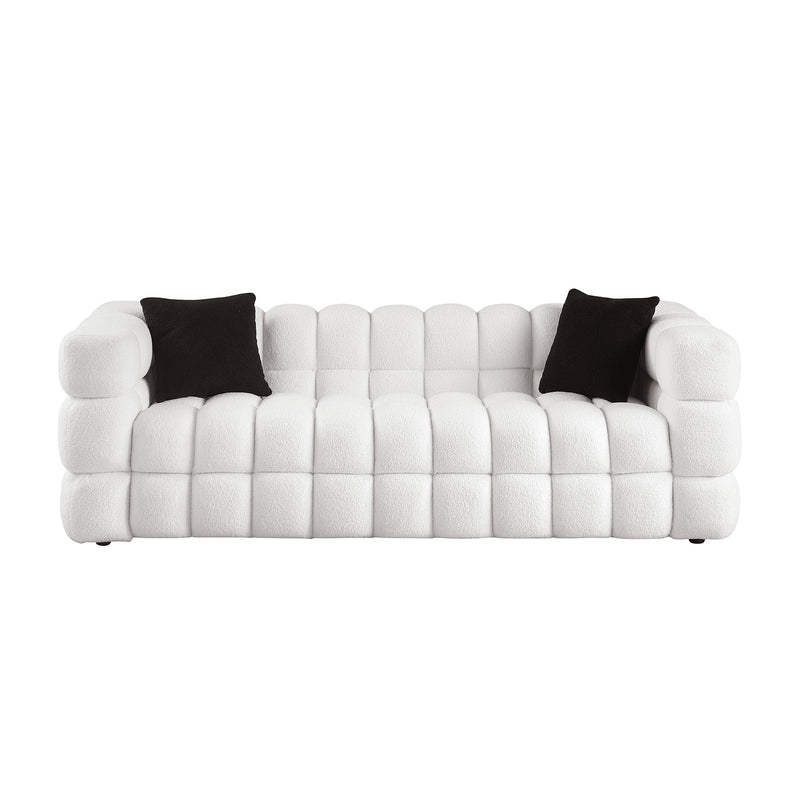 84.3/62.2 length, 35.83" deepth, human body structure for USA people, marshmallow sofa,boucle sofa, White color,3 seater. sofa and loveseater