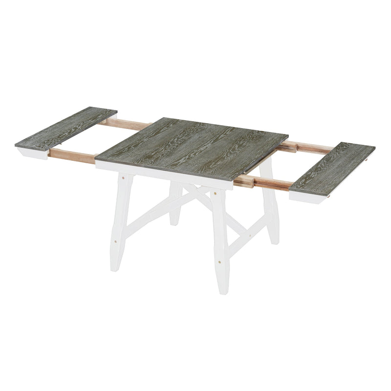 6-Piece Classic Dining Table Set, Rectangular Extendable Dining Table with two 12"W Removable Leaves and 4 Upholstered Chairs & 1 Bench for Dining Room (Brown+White)