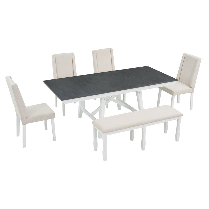 6-Piece Classic Dining Table Set, Rectangular Extendable Dining Table with two 12"W Removable Leaves and 4 Upholstered Chairs & 1 Bench for Dining Room (Gray+White)