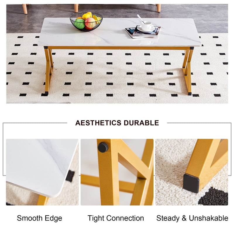 A modern minimalist style white marble patterned coffee table with golden metal legs. Computer desk. Game table. Tea table. CT-XX